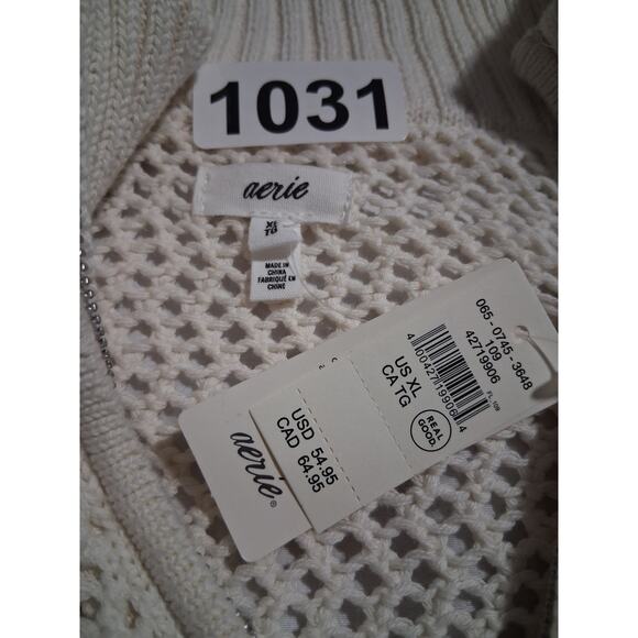 Aerie Womens size XL Oversized Crochet Quarter Zip Open Knit Ribbed Prep Sweater - Picture 4 of 9